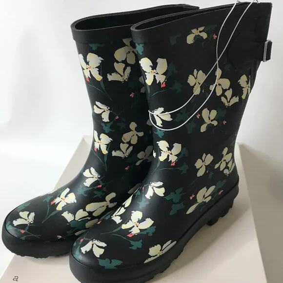 New Black Floral Vicki Mid Calf Waterproof Rain Boots ~ A New Day Size 7 - Picture 4 of 11